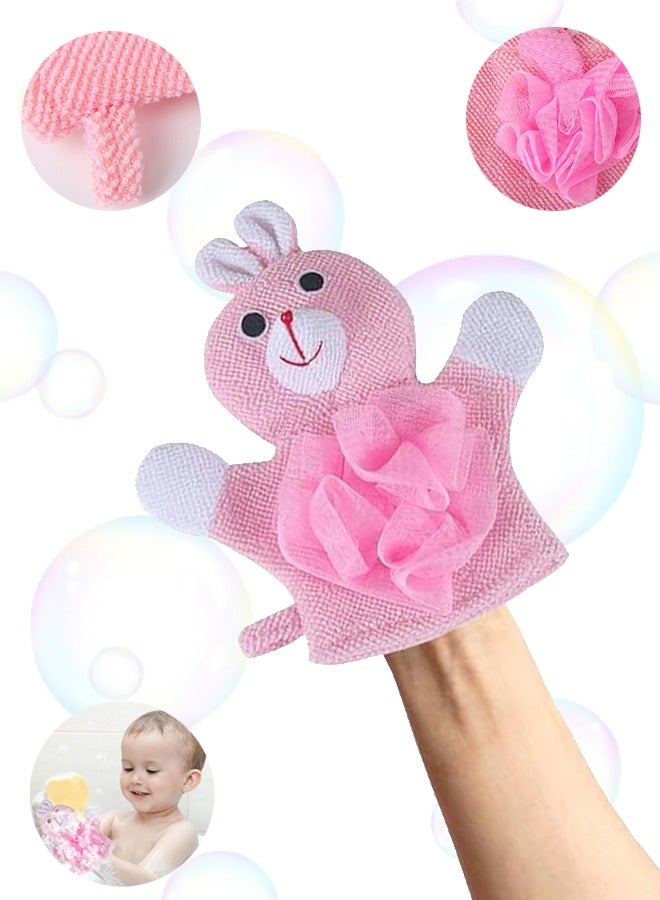 قفازات استحمام ومناشف غسيل، قفازات تقشير لطيفة على شكل رسوم متحركة لتقشير الجسم، إسفنجات استحمام ناعمة لطيفة لغسل الأطفال (أرنب وردي) - Image 1