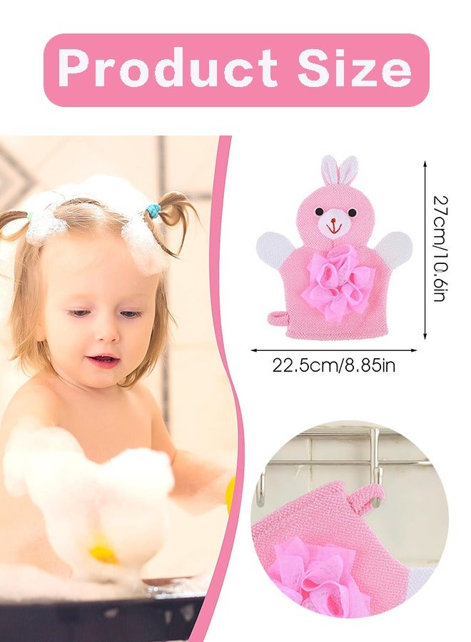 قفازات استحمام ومناشف غسيل، قفازات تقشير لطيفة على شكل رسوم متحركة لتقشير الجسم، إسفنجات استحمام ناعمة لطيفة لغسل الأطفال (أرنب وردي) - Image 2