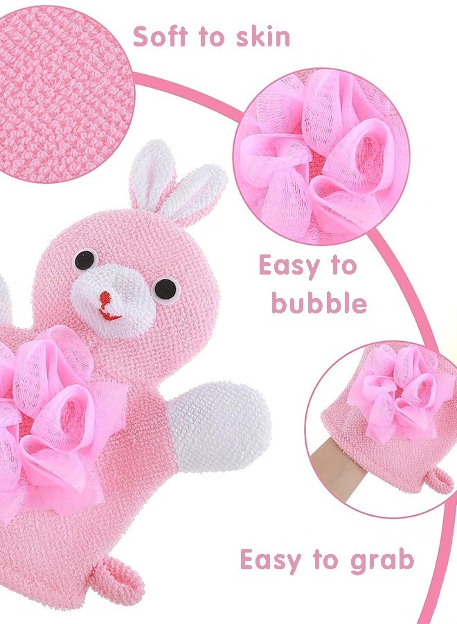 قفازات استحمام ومناشف غسيل، قفازات تقشير لطيفة على شكل رسوم متحركة لتقشير الجسم، إسفنجات استحمام ناعمة لطيفة لغسل الأطفال (أرنب وردي) - Image 3