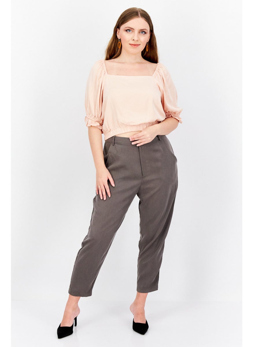 1 State Women Square Neck Puff Sleeve Solid Cropped Top, Peach  - Image 4
