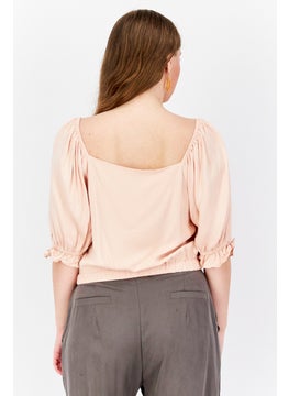 1 State Women Square Neck Puff Sleeve Solid Cropped Top, Peach  - Image 3