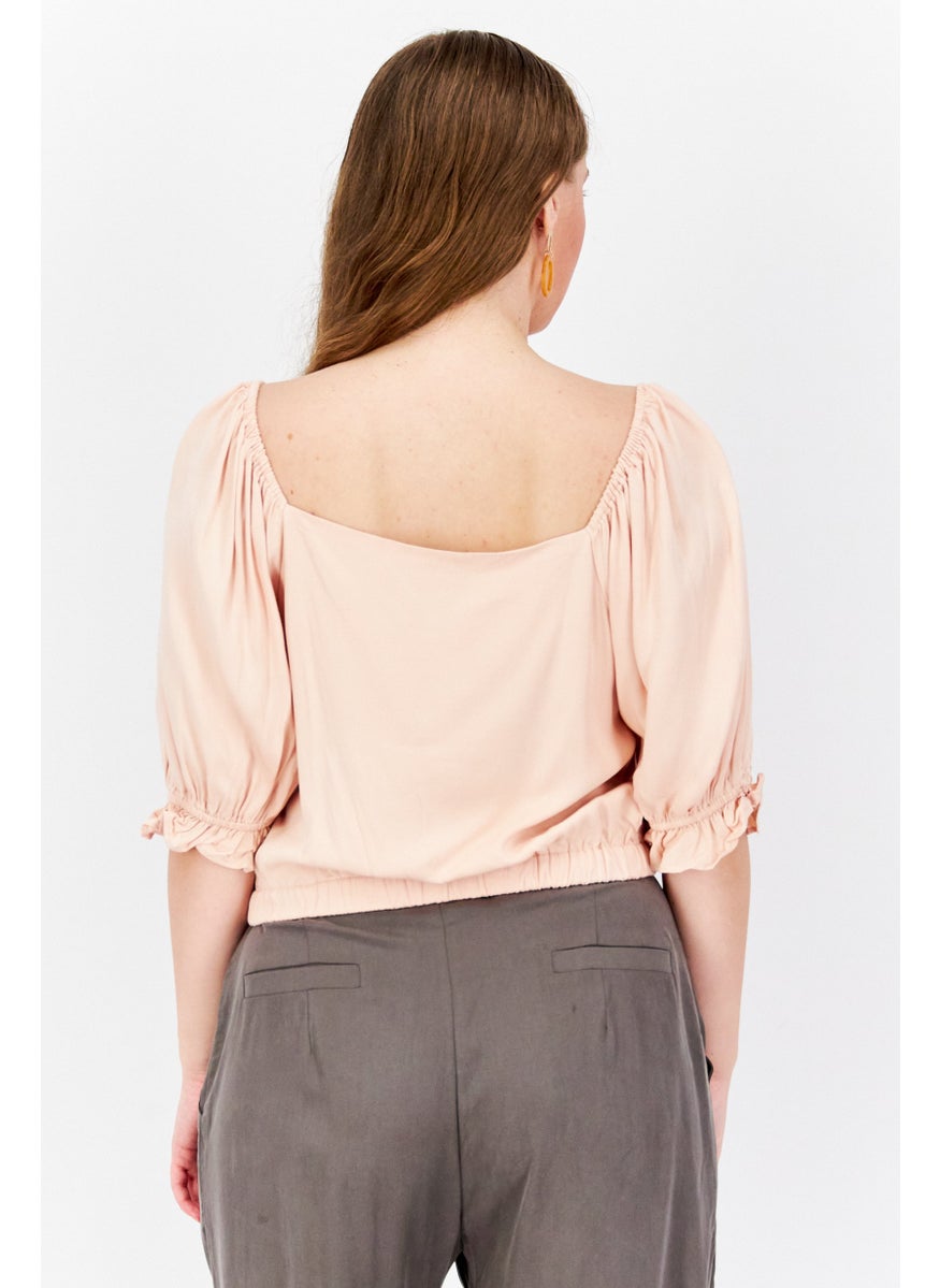 1 State Women Square Neck Puff Sleeve Solid Cropped Top, Peach  - Image 3
