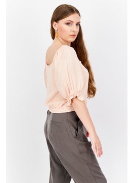 1 State Women Square Neck Puff Sleeve Solid Cropped Top, Peach  - Image 2