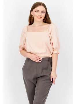 1 State Women Square Neck Puff Sleeve Solid Cropped Top, Peach  - Image 1