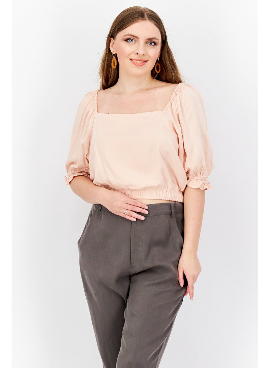 1 State Women Square Neck Puff Sleeve Solid Cropped Top, Peach  - Image 1