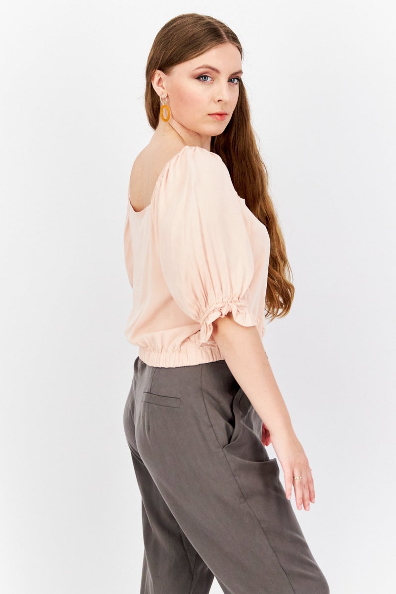 1 State Women Square Neck Puff Sleeve Solid Cropped Top, Peach - Image 2