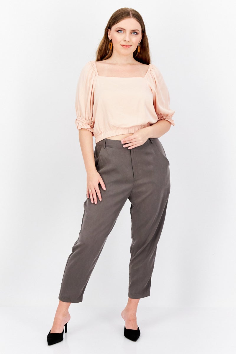 1 State Women Square Neck Puff Sleeve Solid Cropped Top, Peach - Image 2