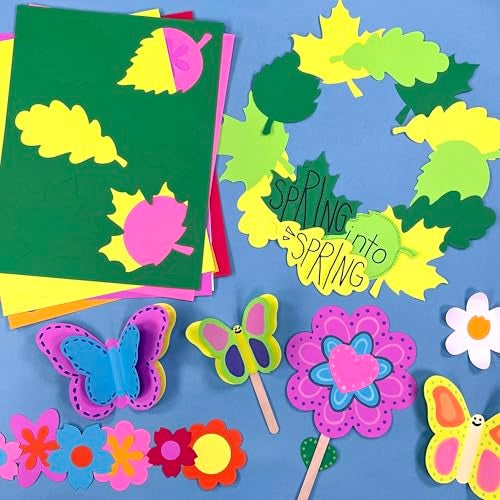 FreshCut Crafts 240 Pieces Spring Leaves, Butterflies, Flowers Punch Out Paper Cutouts in Assorted Spring Colors, 2-Sided US Made Card Stock for Spring Crafts, Bulletin Boards, Posters, and Spring Dance Parties - Image 2
