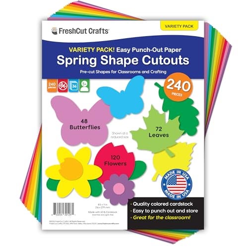 FreshCut Crafts 240 Pieces Spring Leaves, Butterflies, Flowers Punch Out Paper Cutouts in Assorted Spring Colors, 2-Sided US Made Card Stock for Spring Crafts, Bulletin Boards, Posters, and Spring Dance Parties - Image 1