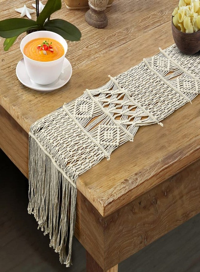 Party Stuff Cotton Macrame Table Runner, 14 x 84 inch Dining Mat, Home Bed Runner, Handwoven Bedroom Decor Long Mat (Ivory) - Image 1