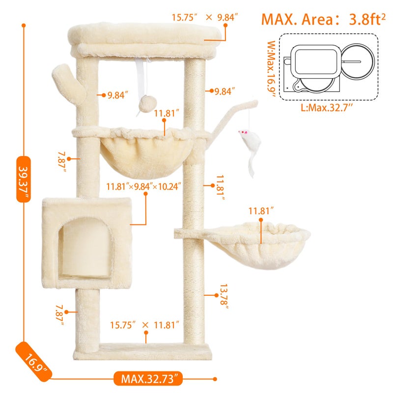 Heybly Cat Tree, 39.4 Inches Tower Condo with Scratching Post, Cat Tower for Indoor Cats, Fully Wrapped Sisal Pole, Soft Platform, 2 Baskets and Dangling Toy, Beige HCT006SM - Image 5