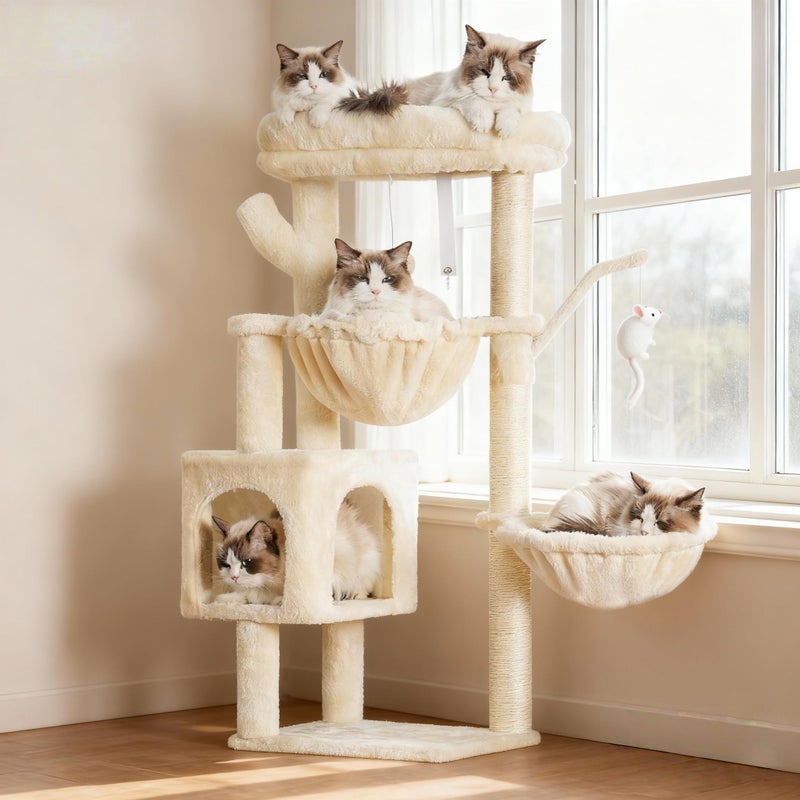 Heybly Cat Tree, 39.4 Inches Tower Condo with Scratching Post, Cat Tower for Indoor Cats, Fully Wrapped Sisal Pole, Soft Platform, 2 Baskets and Dangling Toy, Beige HCT006SM - Image 1