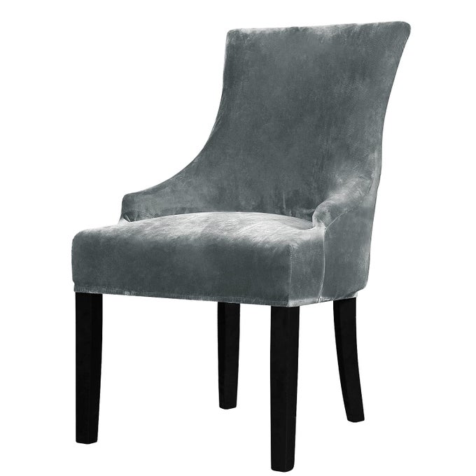 VELVET STRETCH WINGBACK CHAIR COVER SLIPCOVER REUSABLE PROTECTOR COVER FOR DINING ROOM BANQUET HOME DECOR ETC MACHINE WASHABLE HAND WASHABLE CHARCOAL GREY 1PC