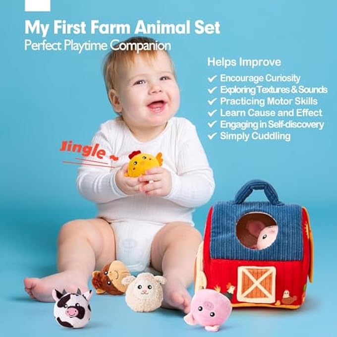 BABY TOYS 6-12 MONTHS - FARM ANIMALS WITH BARN, RATTLE, CRINKLE PAPER, MIRROR - SENSORY TOYS FOR BABIES TODDLERS 1-3 - BABY EASTER BASKET STUFFERS - Image 3