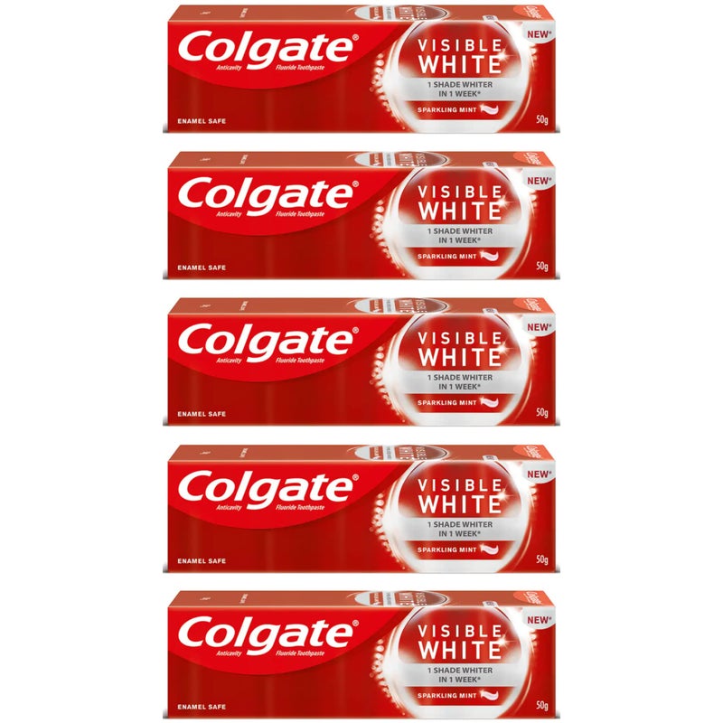 Colgate Visible White Sparkling Mint 50G Multi Action Toothpaste (250G, Pack Of 5, 50G Each)