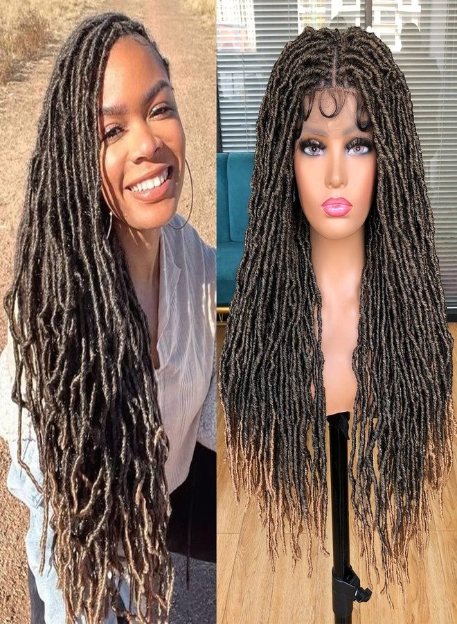 Annivia 32Inch Full Double Lace Box Braided Wigs for Black Women Faux Locs Square Knotless Wigs with Baby Hair Long Dreadlock Wig Natural Black Hand-braided Synthetic Twist Lace locs Wig Ombre Blonde - Image 1