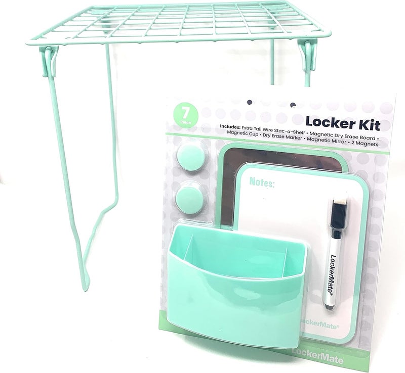 LockerMate 7 Piece Tall Wire Locker Kit with Magnets Mirror Dry Erase Board Storage Cup Dry Erase Marker School Supplies Mist Green - Image 1