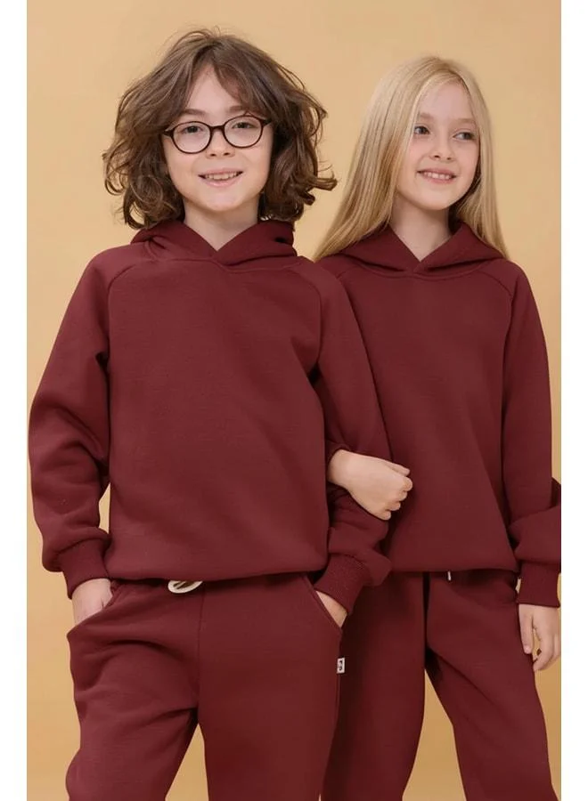 Perendi Reglan Sleeve Hooded Fleece-Lined Unisex Children’s Set – Burgundy