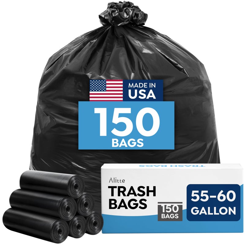 Alitte Large Trash Bags 55-60 Gallon | 150 Count, Heavy Duty Black Garbage Bags | Unscented, Leak Proof, Bulk Pack for Office, Industrial & Commercial Use - Made in USA - Image 1