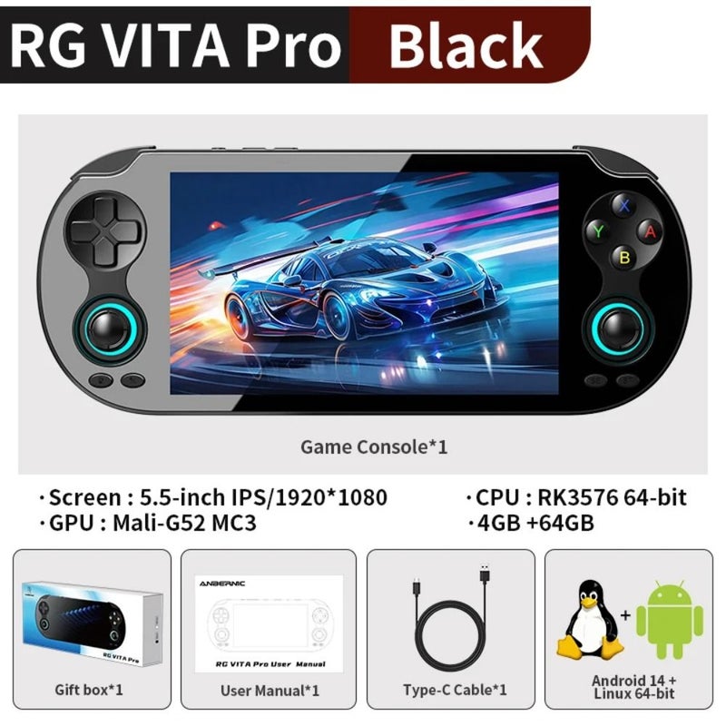 Anbernic RG Vita Pro Handheld Game Console, 5000mAh, Android Video Game Player, No Games, Black - Image 1