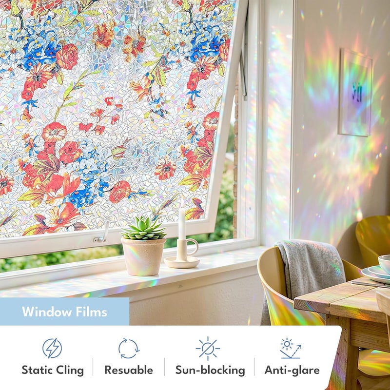 ADD.HERES Window Privacy Film Home Room Bathroom Spring Decor Car Decorations, Stained Glass Window Film, Static Cling Window Film, Window Tint，Rainbow Window Film (Bloom at a Glance, 17.5" x 78.7") - Image 3