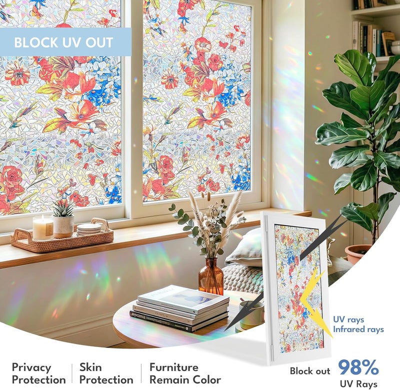 ADD.HERES Window Privacy Film Home Room Bathroom Spring Decor Car Decorations, Stained Glass Window Film, Static Cling Window Film, Window Tint，Rainbow Window Film (Bloom at a Glance, 17.5" x 78.7") - Image 4