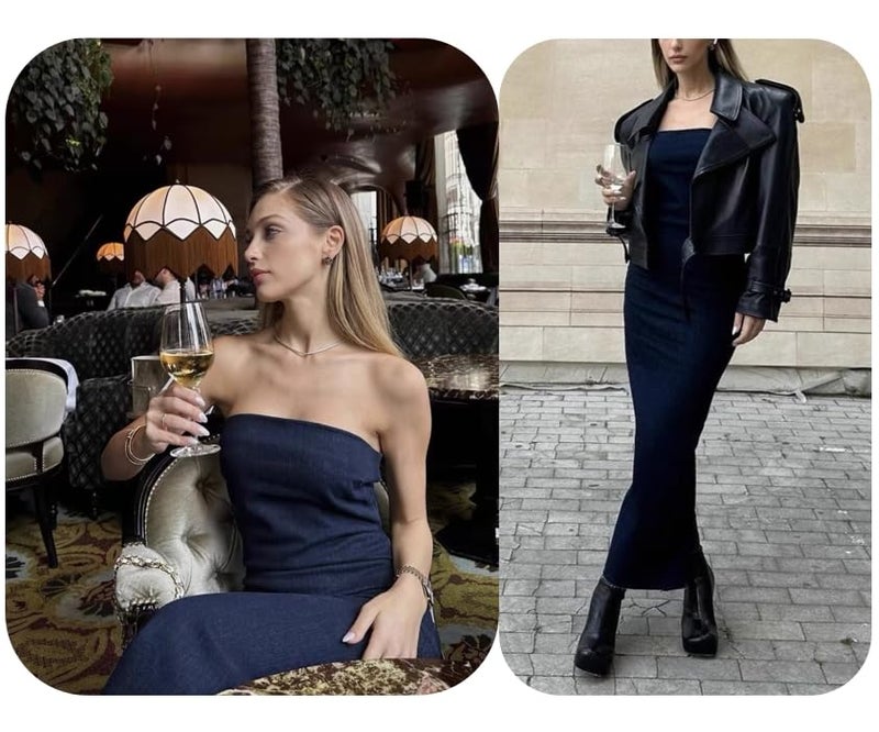 XPONNI Denim Maxi Dress for Women Denim Tube Dress Strapless Sleeveless Bodycon Midi Jean Dresses for Women 2025 (L,Large) - Image 3