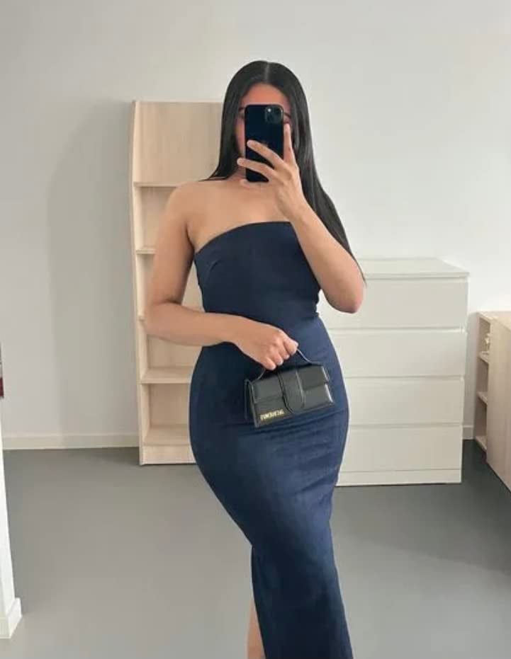 XPONNI Denim Maxi Dress for Women Denim Tube Dress Strapless Sleeveless Bodycon Midi Jean Dresses for Women 2025 (L,Large) - Image 2