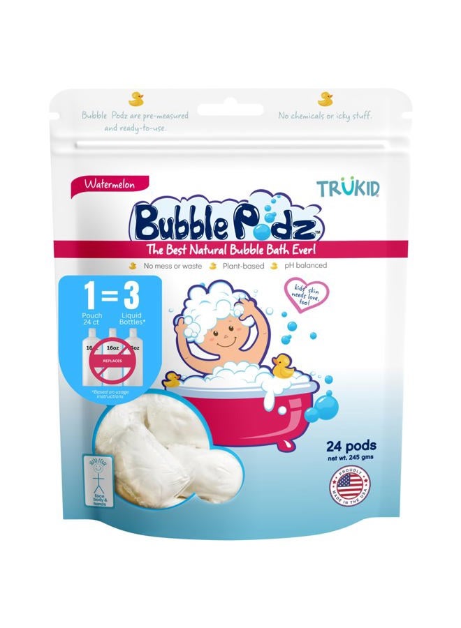 Bubble Podz Bubble Bath for Baby & Kids, Gentle Refreshing Bath Bomb for Sensitive Skin, pH Balance 7 for Eye Sensitivity, Natural Moisturizers and Ingredients, Watermelon (24 Podz)