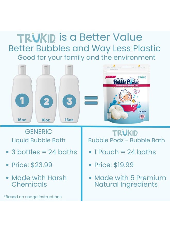 Bubble Podz Bubble Bath for Baby & Kids, Gentle Refreshing Bath Bomb for Sensitive Skin, pH Balance 7 for Eye Sensitivity, Natural Moisturizers and Ingredients, Watermelon (24 Podz)