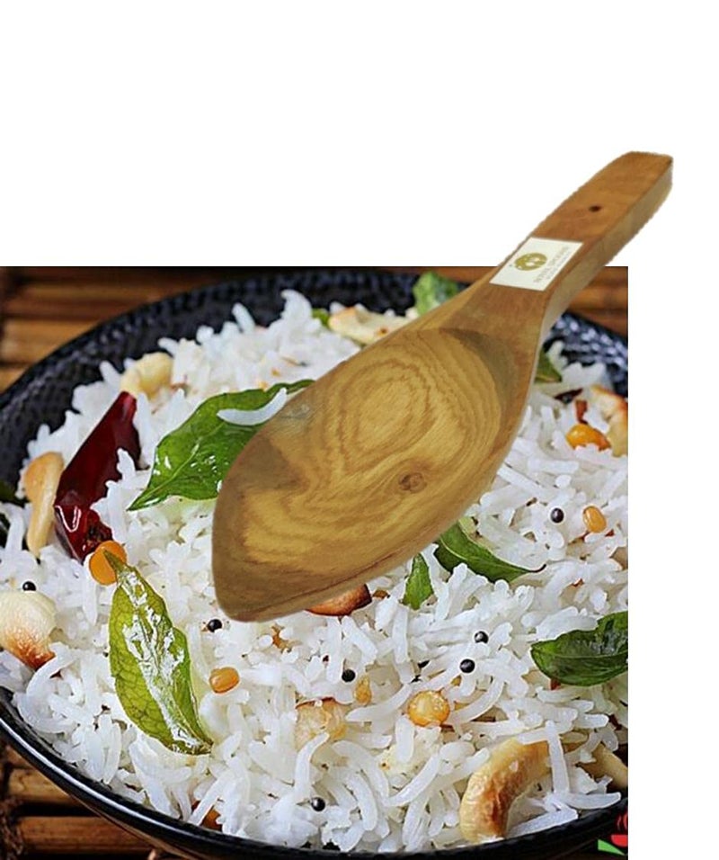 ARMAN SPOONS Royal Handmade Teak Wood Rice Spoons for Serving Rice Halwa Foods 10 inch Long x 3 inch Width Set of 2 Piece 2 - Image 2