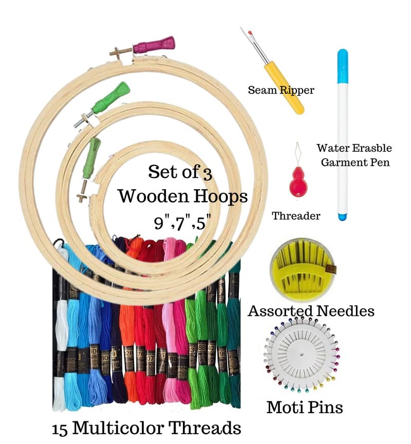 KHUSHA CREATIONS Embroidery Hoop Threads & Materials Starter Kit/Cross Stitch Hand Embroidery Kit/Complete Starter Kit for Beginners/DIY Embroidery kit with 3 hoops,Threads, Garment Pen & Embroidery Tools - Image 2