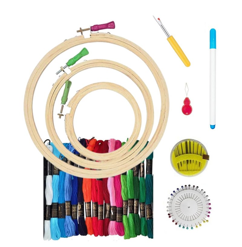 KHUSHA CREATIONS Embroidery Hoop Threads & Materials Starter Kit/Cross Stitch Hand Embroidery Kit/Complete Starter Kit for Beginners/DIY Embroidery kit with 3 hoops,Threads, Garment Pen & Embroidery Tools - Image 1
