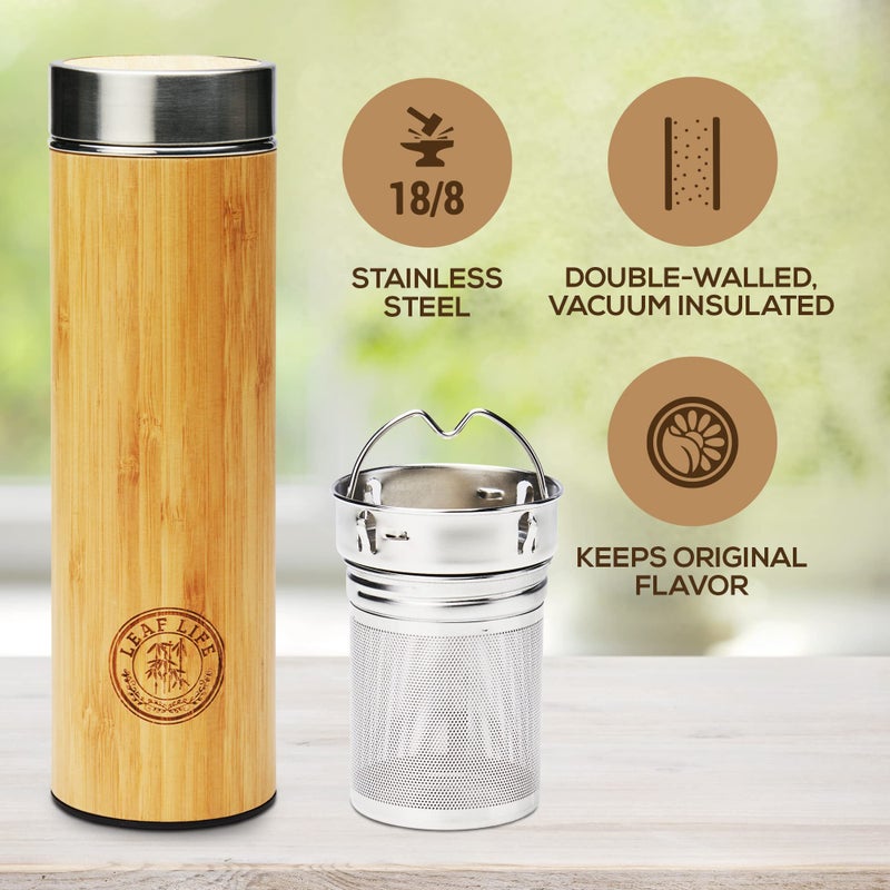 LeafLife Premium Bamboo Tea Bottle for Loose Tea - Tea Infuser Bottle - Tea Gifts - Insulated Water Bottle/Coffee Tumbler/Tea Thermos - Tea Gift Set, Tea Accessories - Tea Tumbler 17oz - Image 4