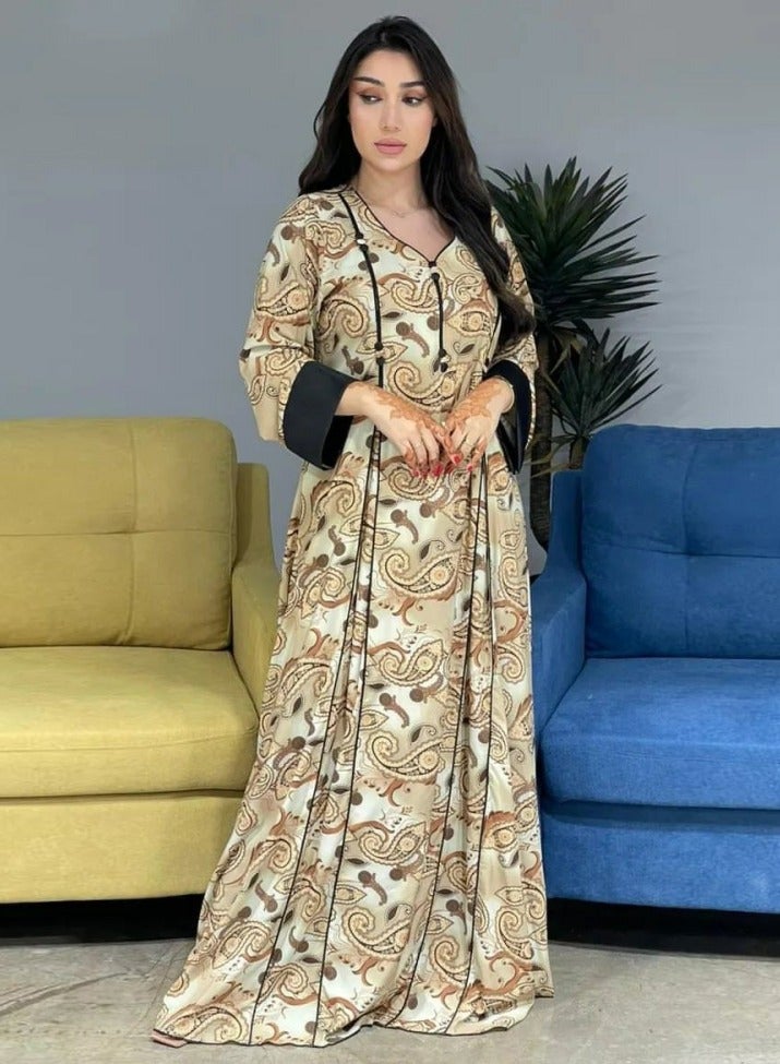 إسكدنيا سيدة طباعة ثوب فضفاض أزياء الشرق الأوسط مسلم أبايا اللباس عارضة المشمش - Image 1