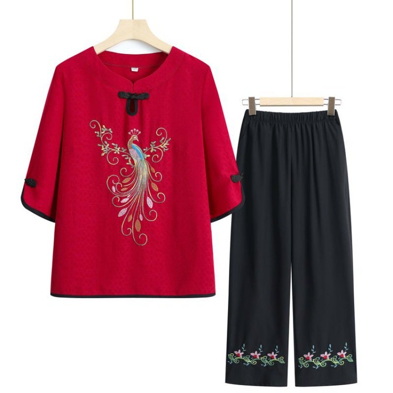 Summer clothes for the elderly suit grandma short-sleeved T-shirt embroidered mothers clothes summer solid color two-piece suit for the elderly Red 