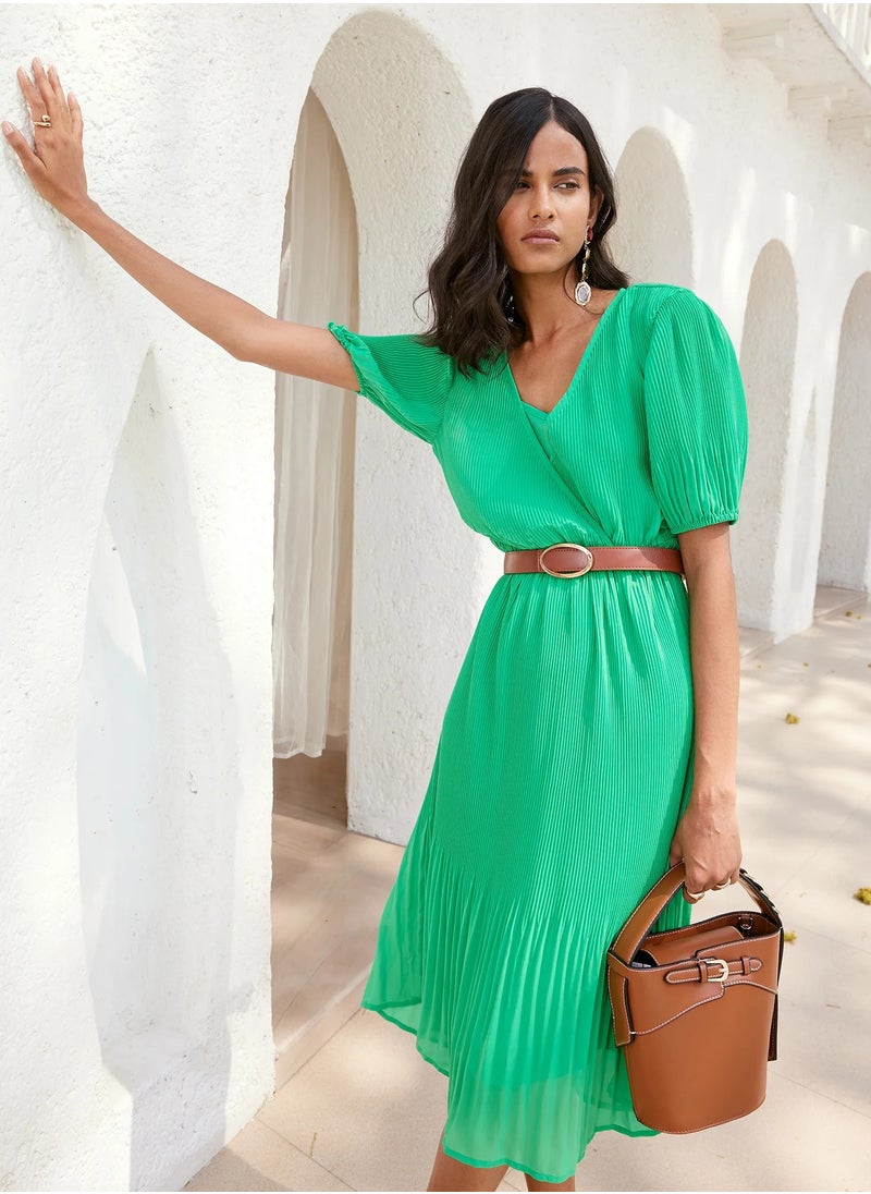 Salt Attire Women's  Stylish Midi Dress with Puff Sleeves and Elegant Waist Tie Perfect for Any Occasion and Effortless Sophistication  - Image 1