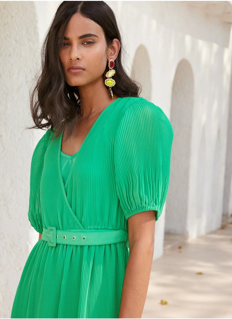 Salt Attire Women's  Stylish Midi Dress with Puff Sleeves and Elegant Waist Tie Perfect for Any Occasion and Effortless Sophistication  - Image 4