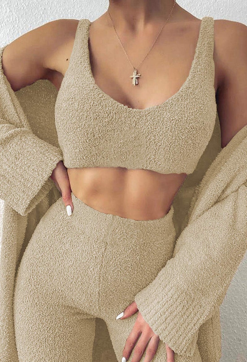 Fixmatti Women 3 Pcs PJ Outfit Set Crop Tops Pants and Open Front Cardigan Tracksuit Lounge Set Fall Outfits Camel S - Image 3