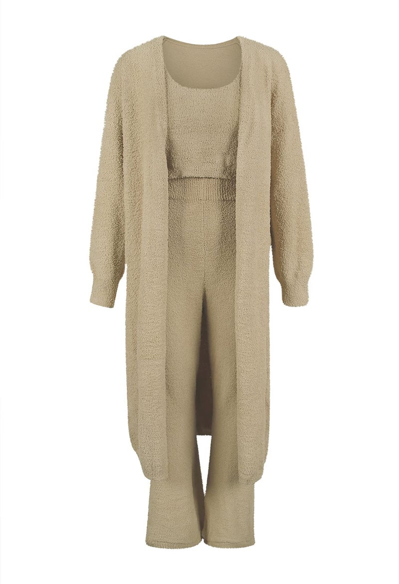 Fixmatti Women 3 Pcs PJ Outfit Set Crop Tops Pants and Open Front Cardigan Tracksuit Lounge Set Fall Outfits Camel S - Image 5