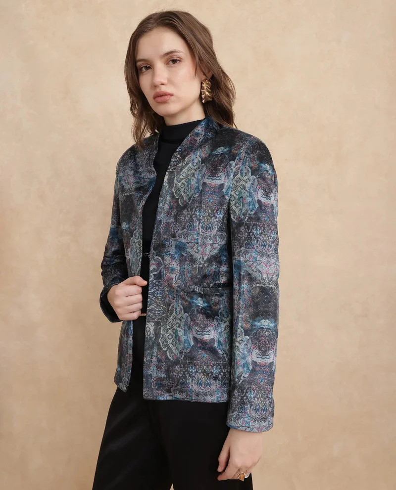 Rareism Women's Velvet Printed Blazer