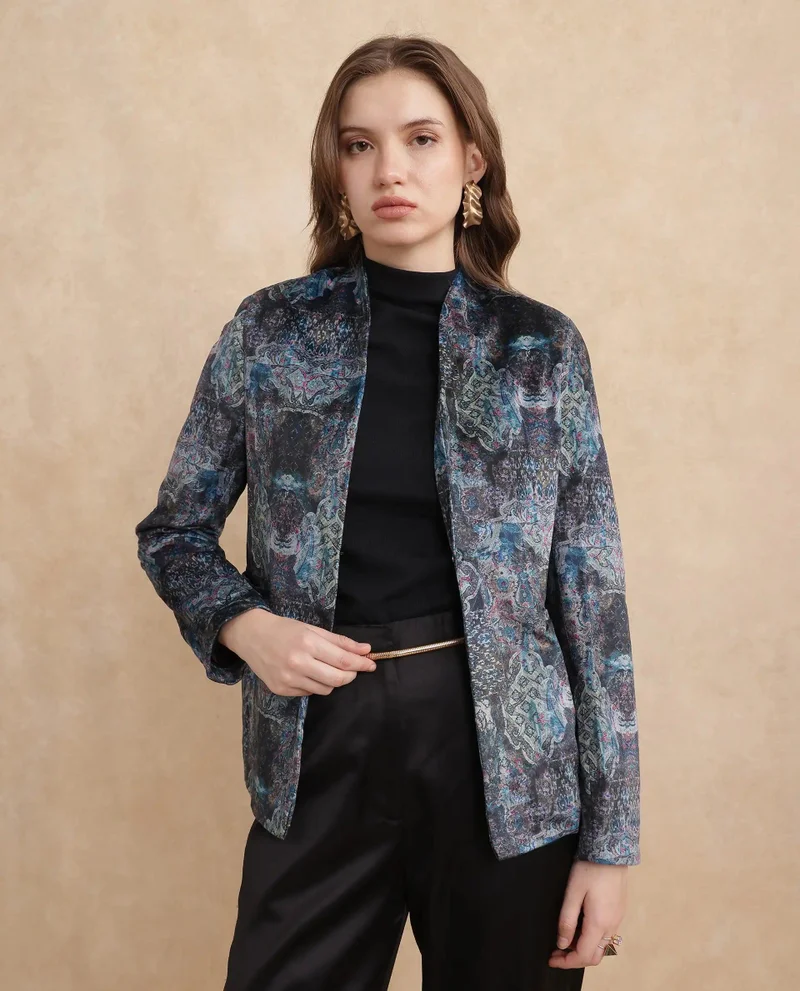 Rareism Women's Velvet Printed Blazer