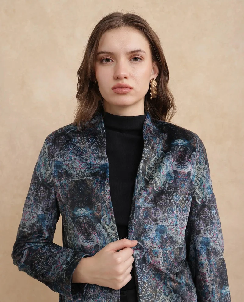 Rareism Women's Velvet Printed Blazer