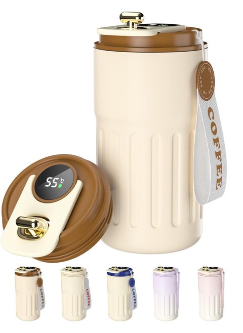 Insulated Thermal Coffee Mug with Temperature Display, Portable Coffee Mug with LED Temperature Display, Large Capacity 450ml Travel Coffee Mugs, High-Quality 316 Stainless Steel, Beige (Lid Color May Vary) By (Black Fire)