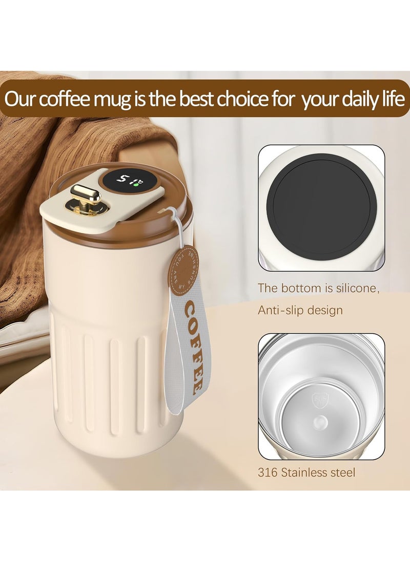 Generic - Insulated Thermal Coffee Mug with Temperature Display, Portable Coffee Mug with LED Temperature Display, Large Capacity 450ml Travel Coffee Mugs, High-Quality 316 Stainless Steel, Beige (Lid Color May Vary) By (Black Fire) - Image 1