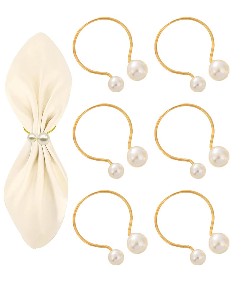 KalamkariX 6PCS Christmas Napkin Rings, Gold Pearl Napkin Rings Set, Elegant Dining Table Decor for Wedding, Party, and Festive Occasions, Napkin Holder for Cloth Napkins - Image 1