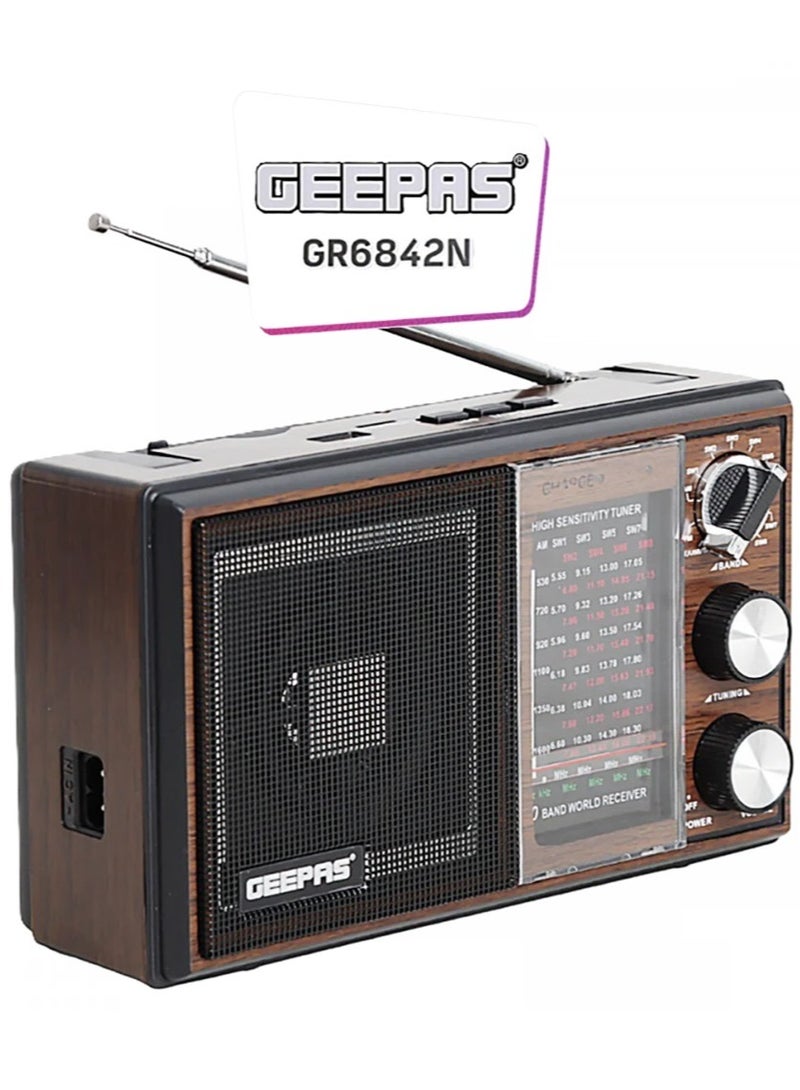 GEEPAS Rechargeable Radio BT/FM/MP3/TF/USB Music Player, 10 Band Radio ,Bluetooth Speaker Lightweight Portable FM Radio Stylish Retro Design GR6842N Brown/Black  - Image 1