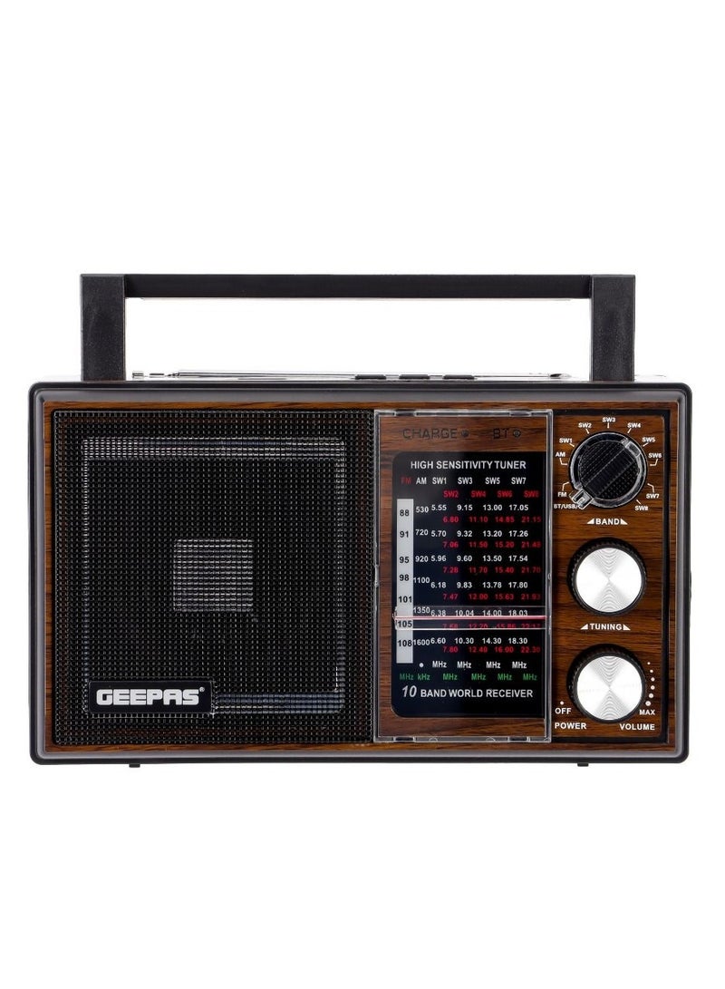 GEEPAS Rechargeable Radio BT/FM/MP3/TF/USB Music Player, 10 Band Radio ,Bluetooth Speaker Lightweight Portable FM Radio Stylish Retro Design GR6842N Brown/Black  - Image 2