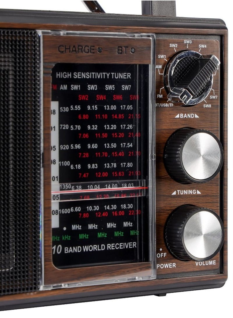 GEEPAS Rechargeable Radio BT/FM/MP3/TF/USB Music Player, 10 Band Radio ,Bluetooth Speaker Lightweight Portable FM Radio Stylish Retro Design GR6842N Brown/Black  - Image 4