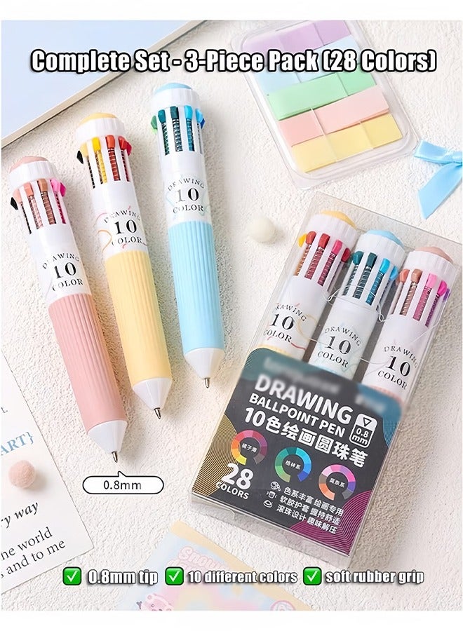 Languo 3Pcs Multicolor Ballpoint Pen (28 Colors), Oil-Based Multicolor Pen for Journaling, Drawing, Notes, 0.8mm Writing Tip, Soft Grip, Cute Cartoon Design, Creative Stationery for Students - Image 1